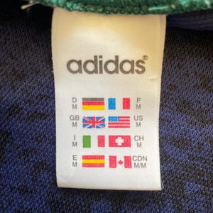 May include: Close-up of a white Adidas tag with the brand name and various country flags. The tag is on a dark blue and black textured fabric, with a green ribbed edge visible at the top.