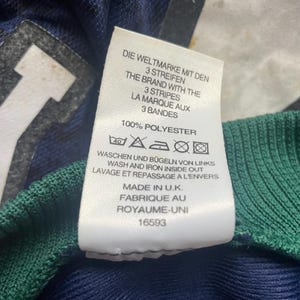 May include: Close-up of a tag with text in multiple languages, including English, German, and French. The tag reads "THE BRAND WITH THE 3 STRIPES" and "100% POLYESTER." The tag is attached to a navy blue and green garment.