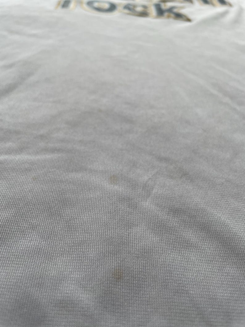 Pode incluir: Uma camiseta cinza claro com a palavra "ROCK" impressa em letras douradas na parte superior. O tecido tem uma textura sutil e algumas pequenas manchas marrons s&atilde;o vis&iacute;veis.