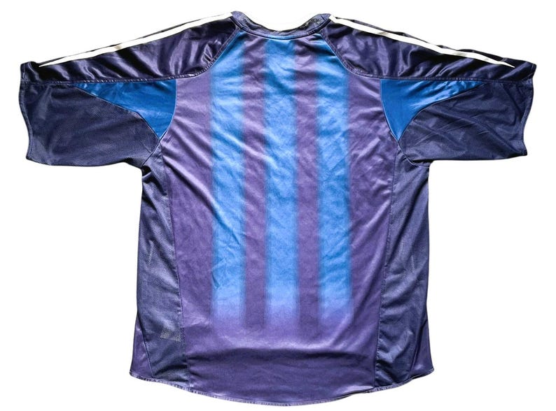 May include: A navy blue athletic jersey with blue and purple vertical stripes on the back. The jersey has a crew neck and short sleeves. White stripes run down the shoulders.