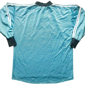May include: A long-sleeved, light blue t-shirt with white stripes on the sleeves and a dark green collar.