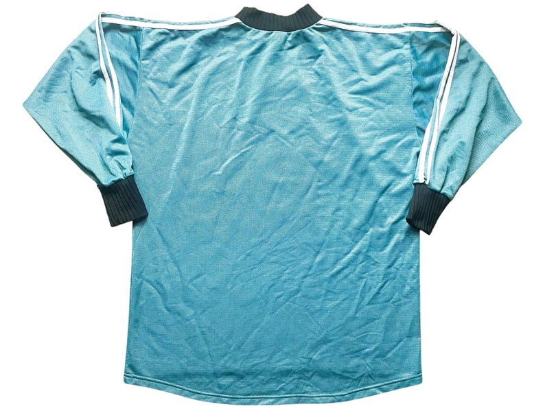 May include: A long-sleeved, light blue t-shirt with white stripes on the sleeves and a dark green collar.