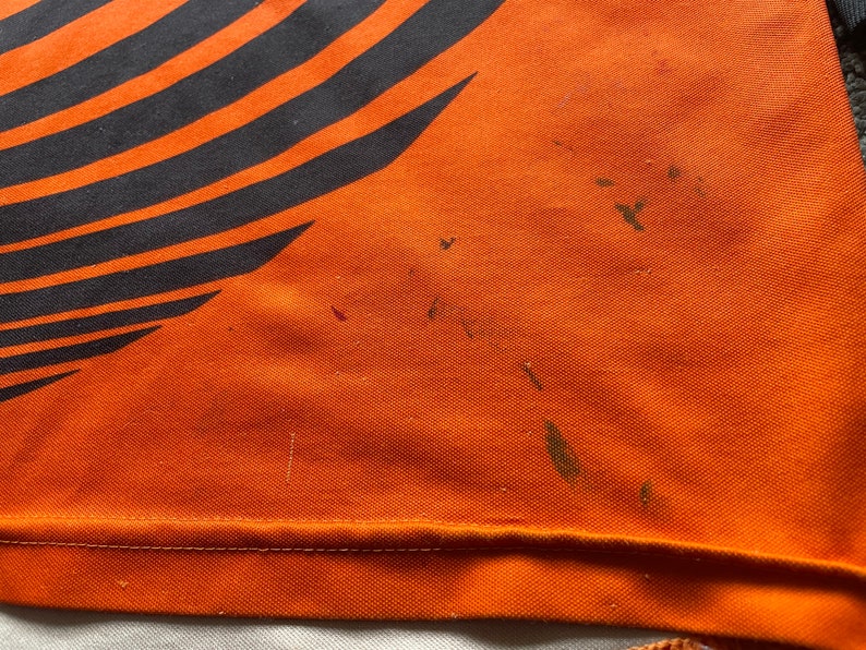 May include: Orange fabric with black stripes and several dark brown stains.