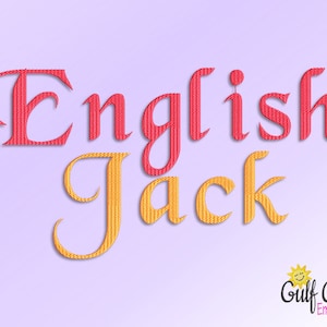 K&ouml;nnte beinhalten: Gestickte Schriftart der Worte "English Jack" in rot und gold. Das Design ist auf einem hellvioletten Hintergrund.