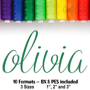 May include: Green cursive font embroidery design of the name "olivia" with 10 formats, including BX and PES, and 3 sizes: 1 inch, 2 inches, and 3 inches.