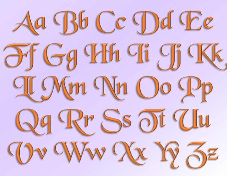 K&ouml;nnte beinhalten: Ein Alphabet in einer kursiven Schriftart mit orangefarbenen Buchstaben auf einem hellvioletten Hintergrund.