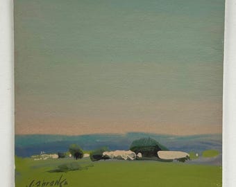 May include: A square canvas painting depicting a landscape with a vibrant green foreground, a line of dark green trees and white foliage in the middle ground, and a soft blue and pale pink sky. The artist's signature is visible in the bottom left corner.