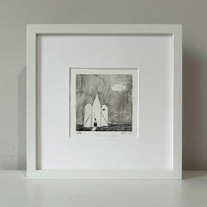 May include: A black and white etching of a building with a pointed roof and two arched doorways. The building is set against a dark, cloudy sky with a small white cloud in the upper right corner. The etching is signed "1/100" and "A.W. 1975" in the lower right corner.