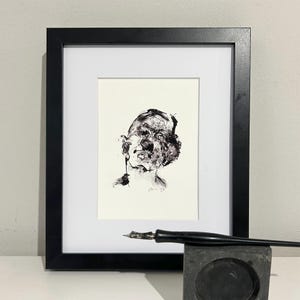 Woman Artist in Beret | Abstract Portrait Wall Art | Black and White Fine Art Giclée Print, Matted 5x7 Collectible Ink Art