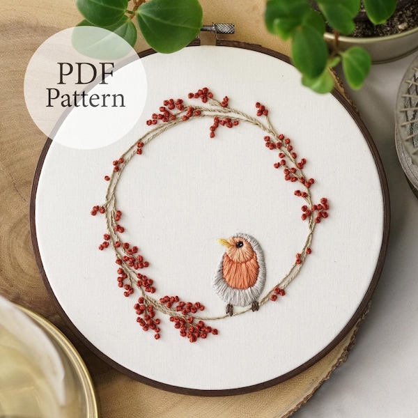 PDF Pattern - 8" English Robin Wreath - Step By Step Beginner Embroidery Pattern With YouTube Tutorials