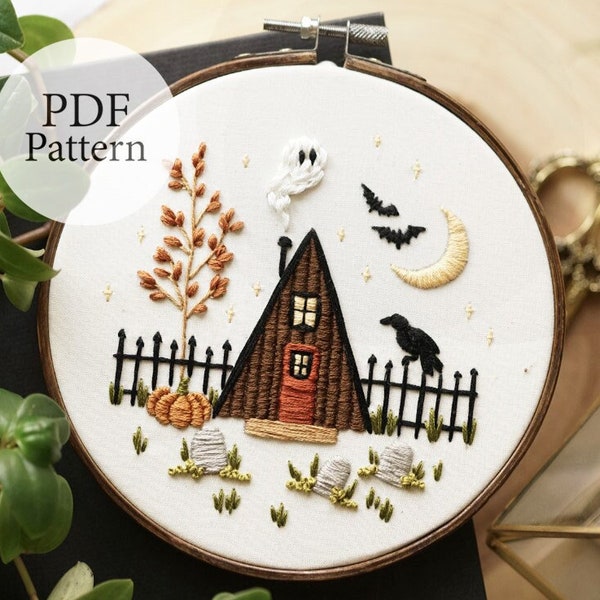 PDF Pattern - 6" Spooky Cabin - Step By Step Beginner Embroidery Pattern With YouTube Tutorials