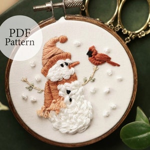 PDF Pattern - 3" Ornament Snowman & Cardinal - Step By Step Beginner Embroidery Pattern With YouTube Tutorials
