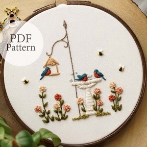 PDF Pattern - 6" Garden Bluebirds - Step By Step Beginner Embroidery Pattern With YouTube Tutorials