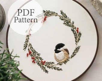 PDF Pattern - Chickadee Wreath - Step By Step Beginner Embroidery Pattern With YouTube Tutorials