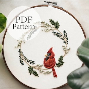 PDF Pattern - 8" Cardinal Wreath - Step By Step Beginner Embroidery Pattern With YouTube Tutorials