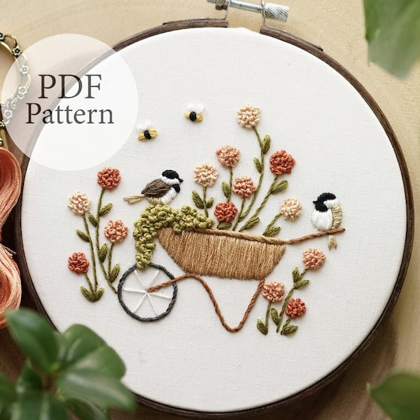 PDF Pattern - 6" Chickadee Gardeners - Step By Step Beginner Embroidery Pattern With YouTube Tutorials