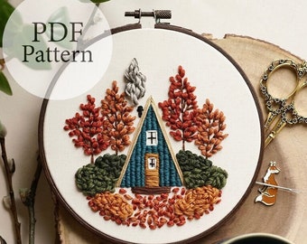 PDF Pattern - 6" Autumn Cabin - Step By Step Beginner Embroidery Pattern With YouTube Tutorials