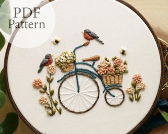 PDF Pattern - 6" Floral Robin's Bicycle - Step By Step Beginner Embroidery Pattern With YouTube Tutorials