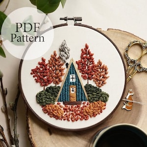 PDF Pattern - 6" Autumn Cabin - Step By Step Beginner Embroidery Pattern With YouTube Tutorials