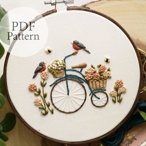 PDF Pattern - 6" Floral Robin's Bicycle - Step By Step Beginner Embroidery Pattern With YouTube Tutorials