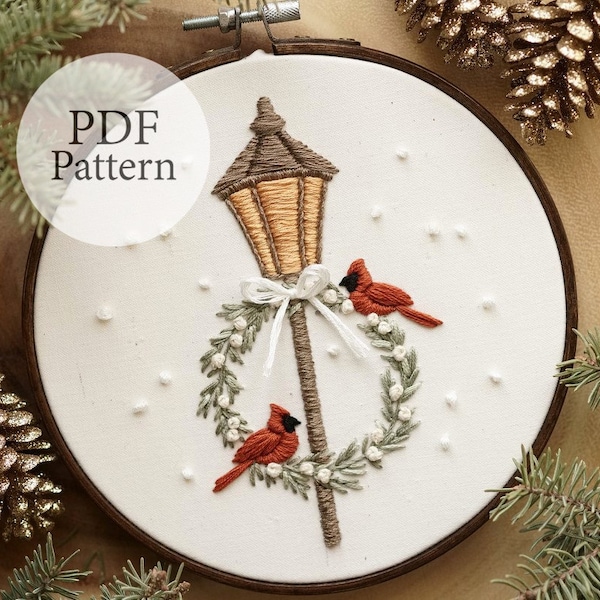 PDF Pattern - 6" Lantern Cardinal Wreath - Step By Step Beginner Embroidery Pattern With YouTube Tutorials