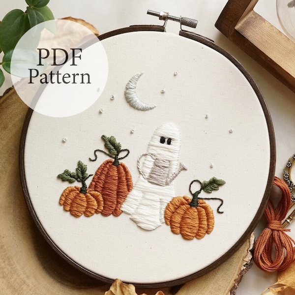 PDF Pattern - 7" Ghost Gardener - Step By Step Beginner Embroidery Pattern With YouTube Tutorials - Halloween Embroidery - Pumpkin Patch