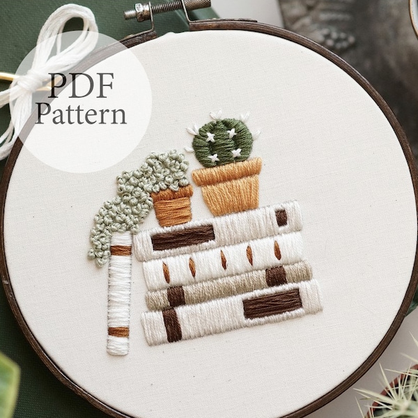 PDF Pattern - 6" Cozy Cactus Reads - Step By Step Beginner Embroidery Pattern With YouTube Tutorials