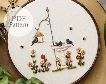 PDF Pattern - 6" Garden Bluebirds - Step By Step Beginner Embroidery Pattern With YouTube Tutorials