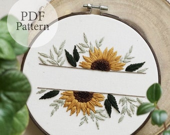 PDF Pattern - 6" Sunflower Foliage With Text Option - New Years Eve Pattern - Step By Step Beginner Embroidery Pattern With YouTube Tutorial