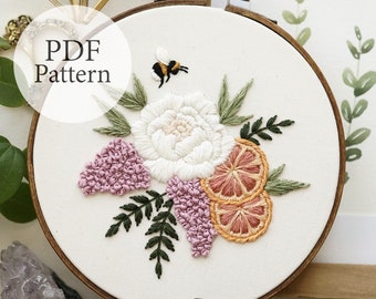 PDF Pattern - 7" Citrus Peony Bouquet - Step By Step Beginner Embroidery Pattern With YouTube Tutorials