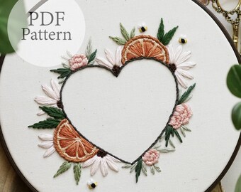 PDF Pattern - 8" Citrus Heart - New Years Eve Pattern - Step By Step Beginner Embroidery Pattern With YouTube Tutorials