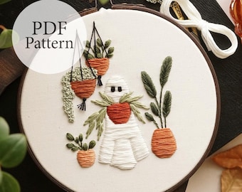 PDF Pattern - 6" Plant Lady Ghost - Step By Step Beginner Embroidery Pattern With YouTube Tutorials - Halloween Embroidery - Pumpkin Patch