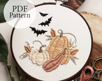 PDF Pattern - 6" Pumpkins & Bats - Step By Step Beginner Embroidery Pattern With YouTube Tutorials