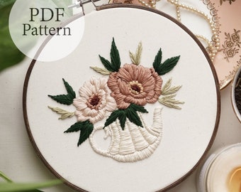 PDF Pattern - 7" Floral Teapot - Step By Step Beginner Embroidery Pattern With YouTube Tutorials