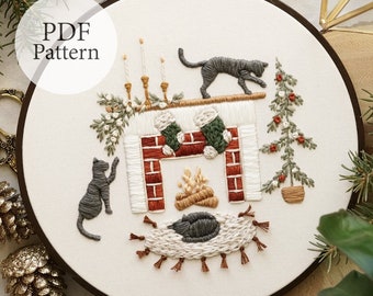 PDF Pattern - 8" Cat Christmas Fireplace - Step By Step Beginner Embroidery Pattern With YouTube Tutorials