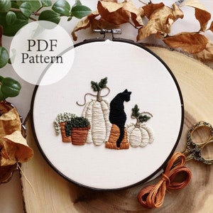 PDF Pattern - 6" Black Cat & Pumpkins - Step By Step Beginner Embroidery Pattern With YouTube Tutorials - Halloween Embroidery