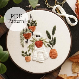 PDF Pattern - 6" Plant Lady Ghost - Step By Step Beginner Embroidery Pattern With YouTube Tutorials - Halloween Embroidery - Pumpkin Patch