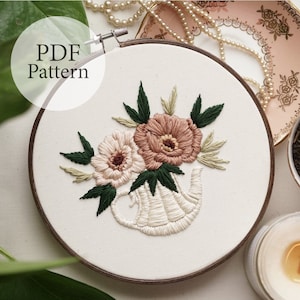 PDF Pattern - 7" Floral Teapot - Step By Step Beginner Embroidery Pattern With YouTube Tutorials