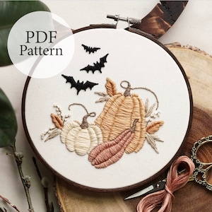 PDF Pattern - 6" Pumpkins & Bats - Step By Step Beginner Embroidery Pattern With YouTube Tutorials