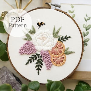 PDF Pattern - 7&quot; Citrus Peony Bouquet - Step By Step Beginner Embroidery Pattern With YouTube Tutorials