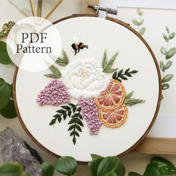 PDF Pattern - 7" Citrus Peony Bouquet - Step By Step Beginner Embroidery Pattern With YouTube Tutorials