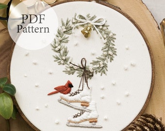 PDF Pattern - 6" Ice Skates Wreath - Step By Step Beginner Embroidery Pattern With YouTube Tutorials