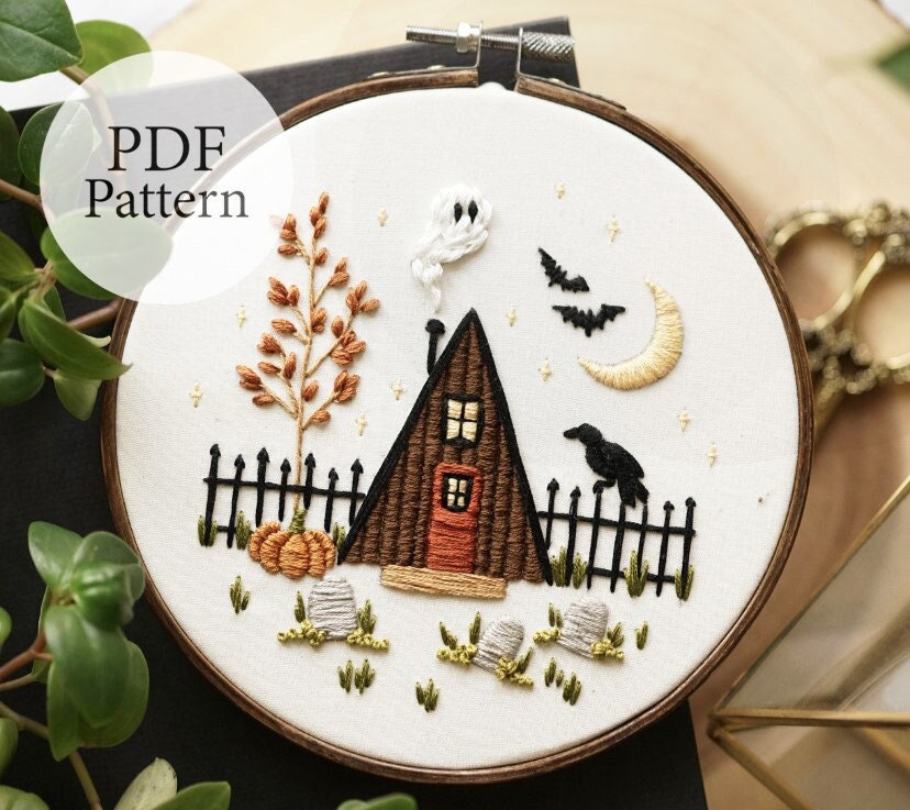 PDF Stickmuster - 15 cm Spooky Cabin - Schritt für Schritt Anfänger Stickmuster mit YouTube Tutorials