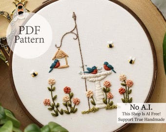 PDF Pattern - 6" Garden Bluebirds - Step By Step Beginner Embroidery Pattern With YouTube Tutorials