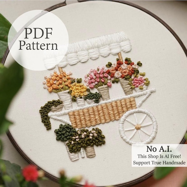 PDF Pattern - 7" Flower Cart - Step By Step Beginner Embroidery Pattern With YouTube Tutorials