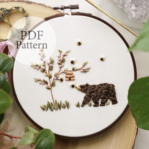 PDF Pattern - 6" Honey Bee Bear - Step By Step Beginner Embroidery Pattern With YouTube Tutorials