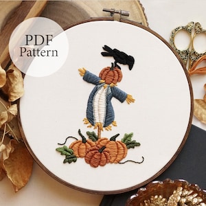 PDF Pattern - 8" Harvest Scarecrow - Step By Step Beginner Embroidery Pattern With YouTube Tutorials - Halloween Embroidery - Pumpkin Patch