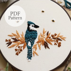 PDF Pattern - 8" Blue Jay - Step By Step Beginner Embroidery Pattern With YouTube Tutorials