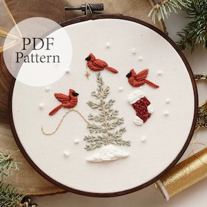 PDF Pattern - 6" Cardinals Decorating - Step By Step Beginner Embroidery Pattern With YouTube Tutorials