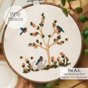 PDF Pattern - 6" Bluebird's Plum Tree - Step By Step Beginner Embroidery Pattern With YouTube Tutorials